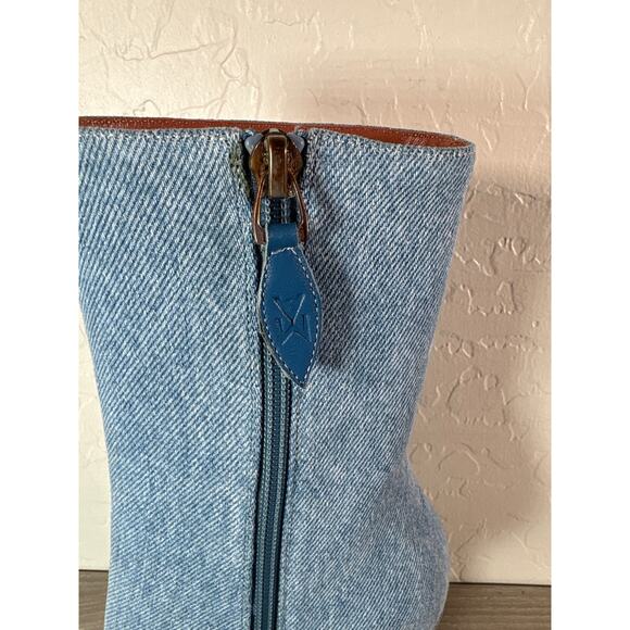 NEW Amina Muaddi Giorgia 100mm Denim Ankle Boots Size 35 Fluted Heel Point Toe - Picture 4 of 8